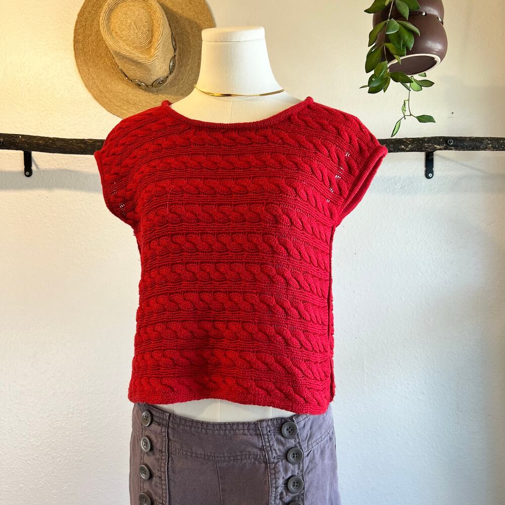Cotton USA Made American Apparel Red Cable Knit Cap Sleeve Boxy Sweater Size XS